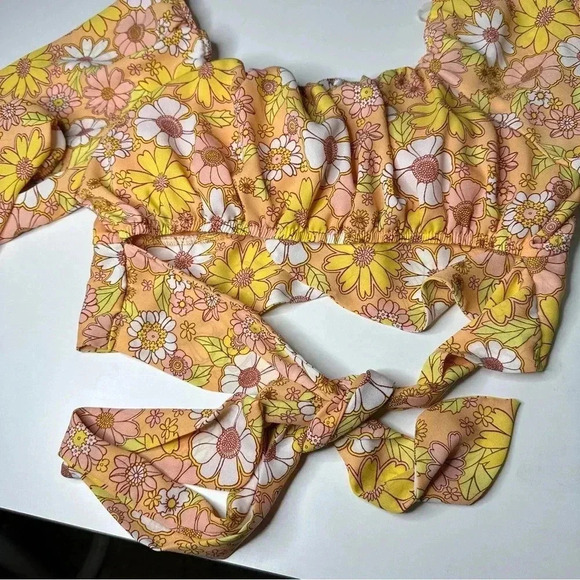 Madden NYC Juniors Floral Crop Top XL Yellow Orange Cropped Back Tie Long Sleeve - Picture 7 of 15